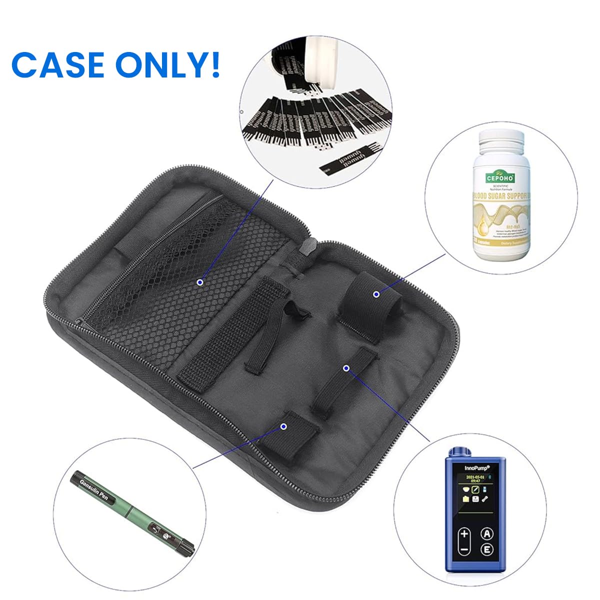 HANNEA Travel Glucose Meter Storage Bag for Insulin with Zipper Closure 15.5x11.5cm Oxford Cloth Organizer