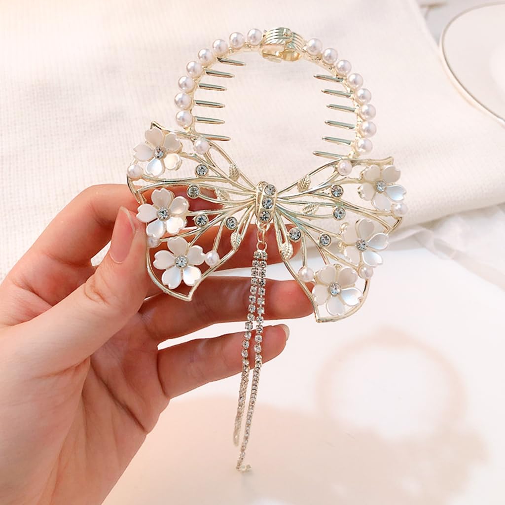 ZIBUYU Bow Hair Clips for Women featuring Pearl Rhinestone Tassel and Floral Design | Elegant Accessory for Weddings and Daily Styling