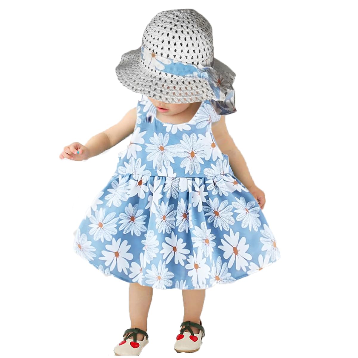 SNOWIE SOFT® Baby Girls Dress Straw Hat Set Summer Baby Girls Dress Blue Daisy Print Bow Girls Dress for Baby Girls 24-36 Months Birthday Gift for Baby Girls