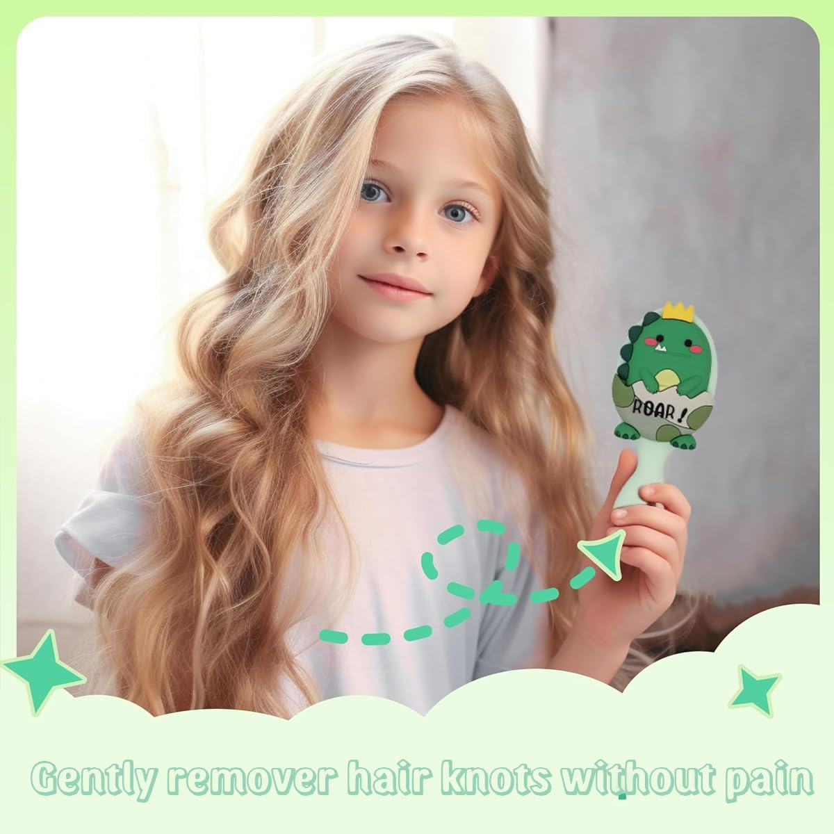 PALAY® Hair Brush for Kids Cartoon Dinosaur Toddler Paddle Hair Brush Kids Comb Mini Hair Brush with Soft Bristle and Air Cushion Hair Brush for Girls, Boys, Women - Green