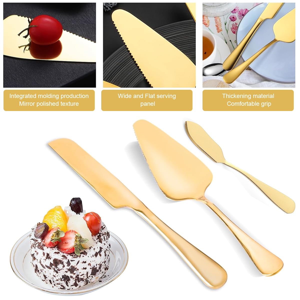 HASTHIP Cake Knife and Server Set for Weddings with Ergonomic Non Slip Handles | 3Pcs 9.29in Knife 8.8in Server 6.7in Spatula