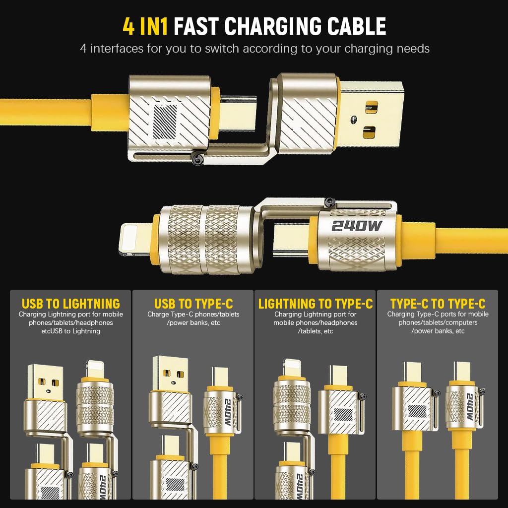 Verilux USB C Cable for Fast Charging 240W 1.5m | 4 in 1 Silicone and Zinc Alloy Connectors
