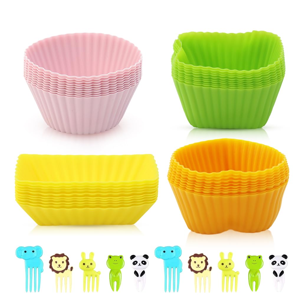 HASTHIP® 40pcs Silicone Cupcake Mold Liners & 10Pcs Cartoon Kids Fruit Forks, 4 Shapes Creative Reuseable Cupcake Liners Food Grade Heat Resistant Silicone Cupcake Mold Liners