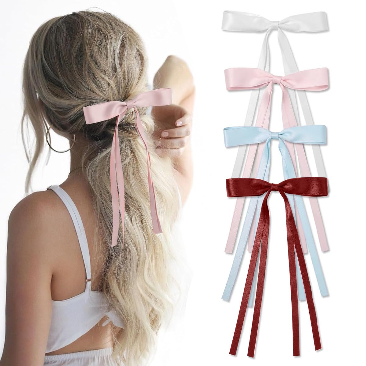 PALAY® 4Pcs Bow Clips for Women Girls Bowknot Hair Clip Tassel Ribbon Hair Bows for Women Long Tail Barrettes Hair Accessories for Ponytail, Fishtail Braid, Updo