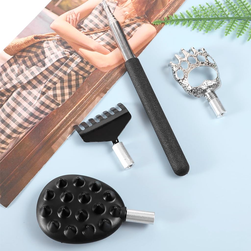 MAYCREATE 3 in 1 Back Scratcher with Interchangeable Heads and Telescoping Metal Handle | 2PCS Black