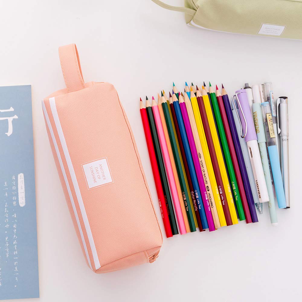 HASTHIP Canvas Large Pencil Case for Girls with Double Zipper and Handle 21x8x8 cm | Pink Storage Bag