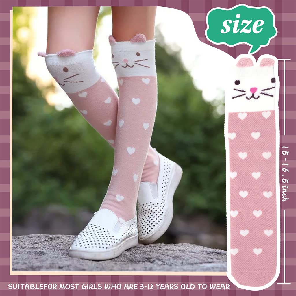 Zibuyu Girls Cotton Knee High Socks for Winter with Cute Kitty Design | 3 Pairs Pink Gift