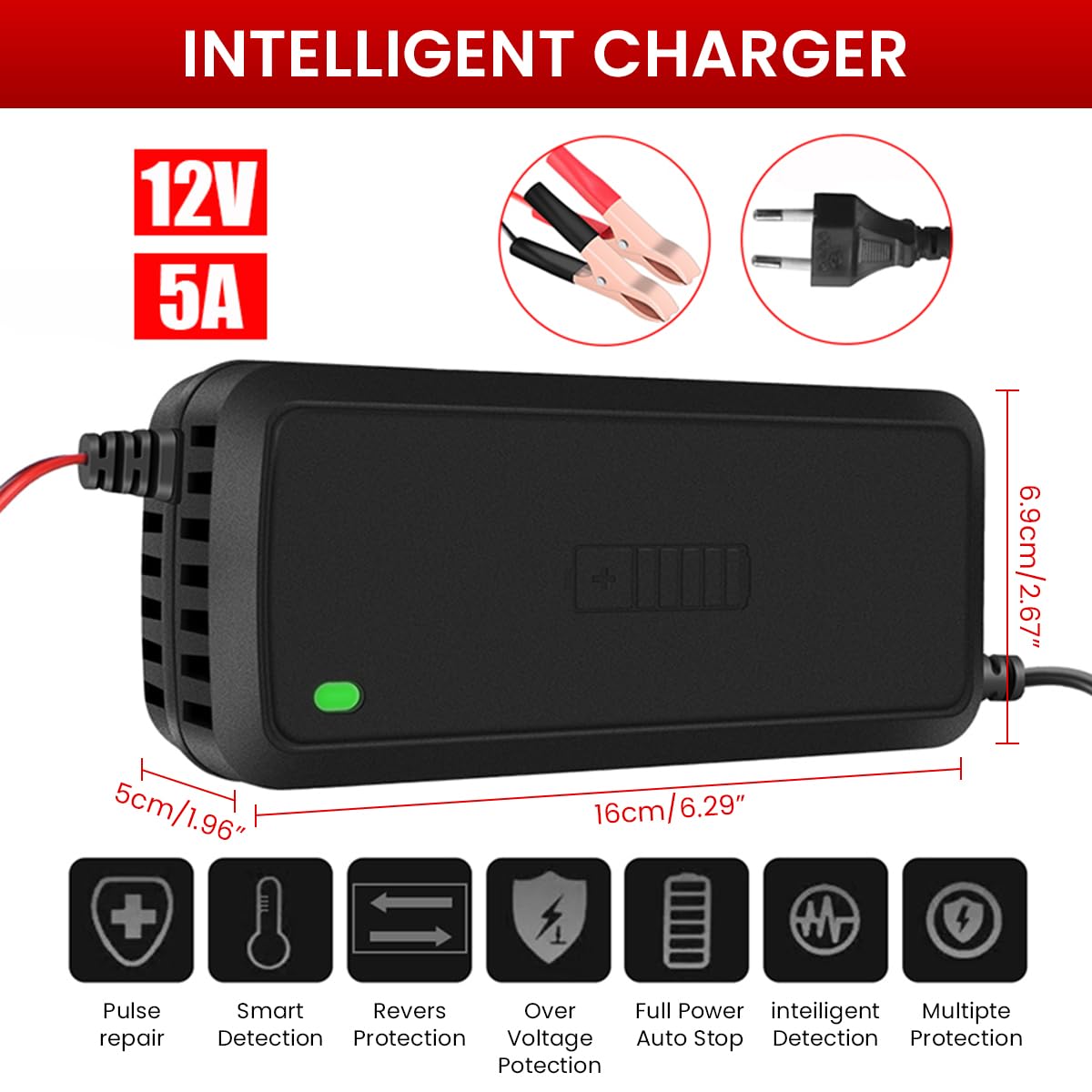 STHIRA Car Battery Charger 12V 5A for Cars and Motorcycles featuring Dual Timer & LED Indicator