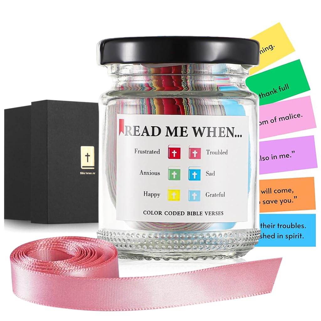 HASTHIP® Bible Verse Jar, Inspirational Bible Verse Jar Bible Verse Notes Glass Jar with 90Pcs Color-Coded Bible Verses Notes Christian Gifts Birthday Gift with A 48'' Ribbon Bow.