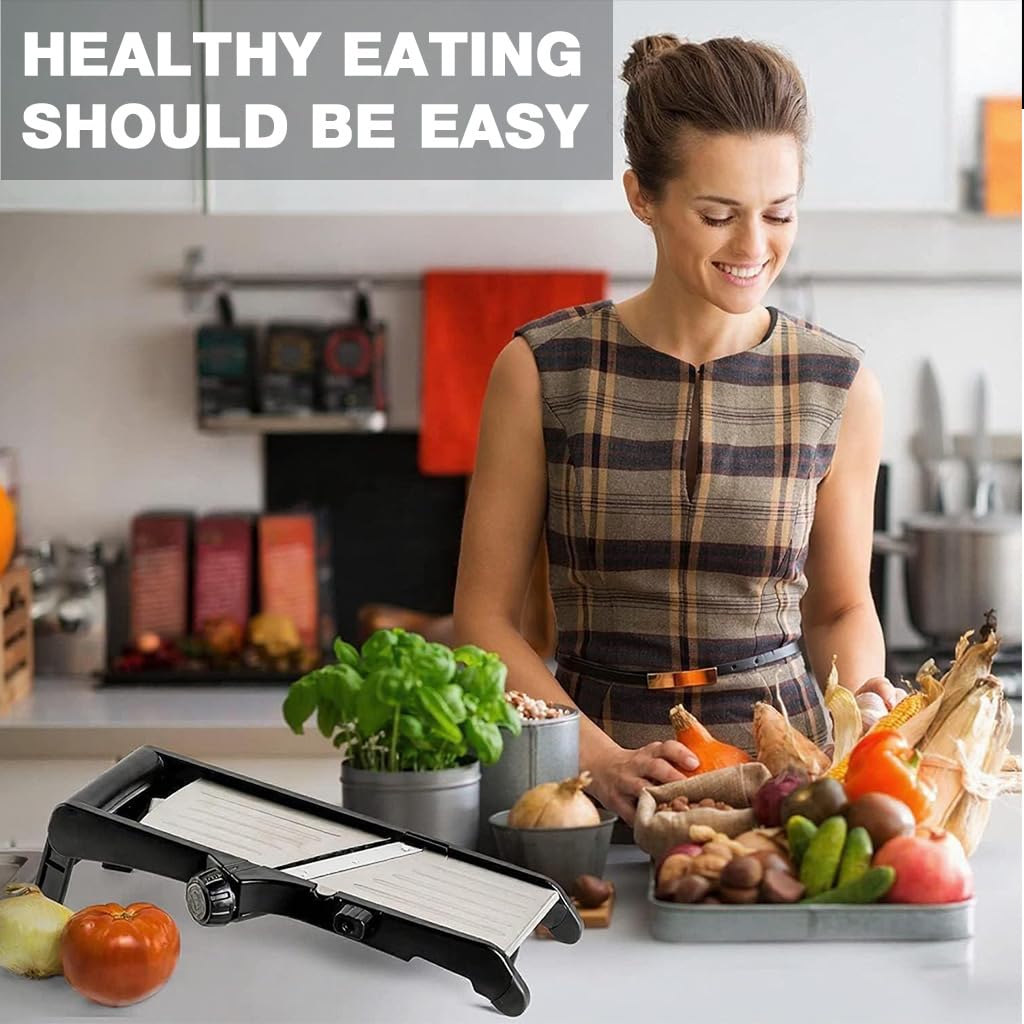 Supvox Kitchen Mandoline Slicer with 5 Interchangeable Blades and Cut-Resistant Gloves | Stainless Steel Vegetable Grater for Safe and Efficient Food Prep