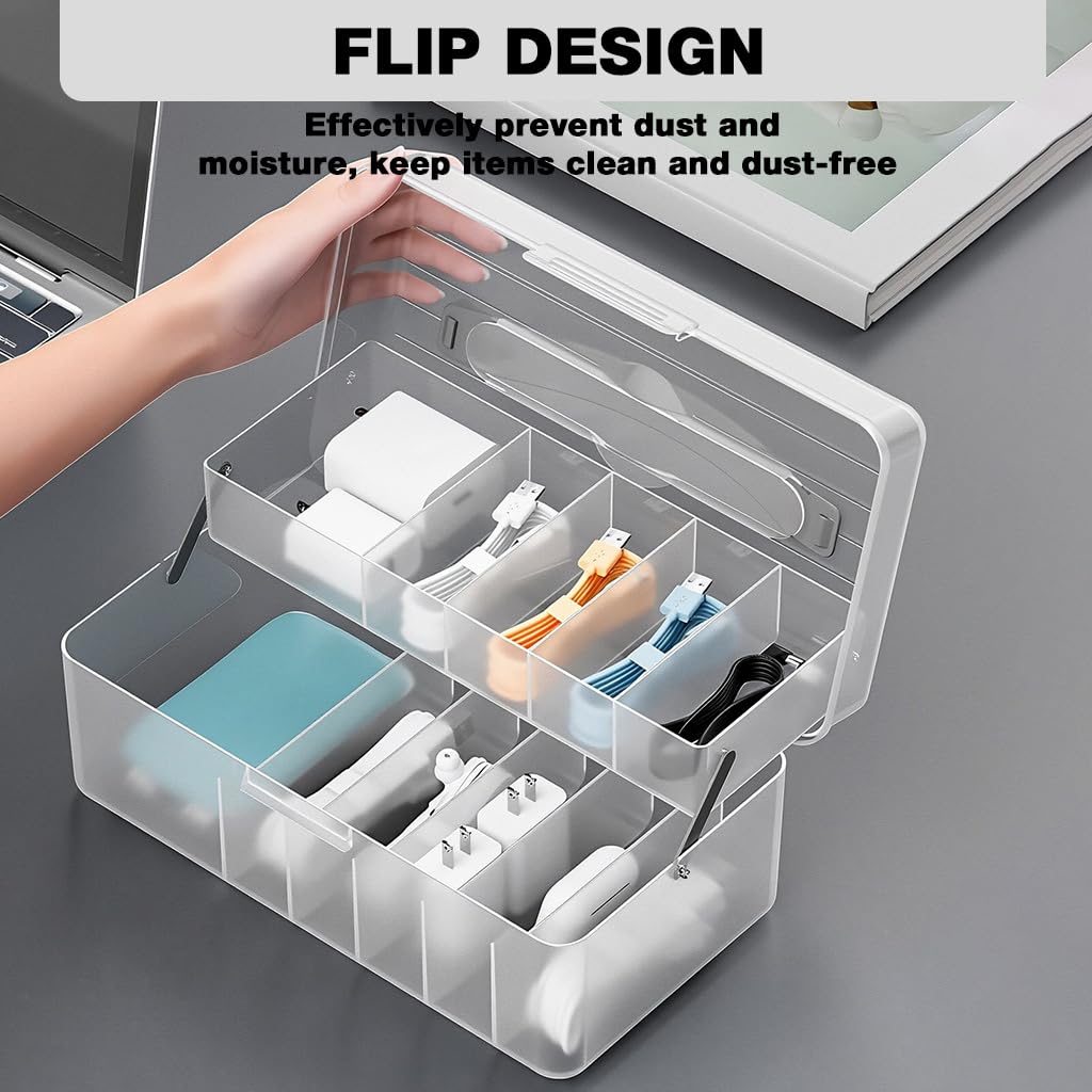 HASTHIP Cable Organizer Box for Travel with Dual Layer 11 Compartments and PP Material | 24x12.7x10.5cm