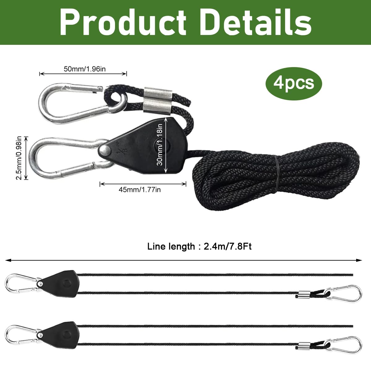 STHIRA Pulley Wheel Hanging Rope for Gardening and Camping with Dual Carabiners | 7.8 ft 1/8 in Nylon Heavy Duty 149 lbs Capacity