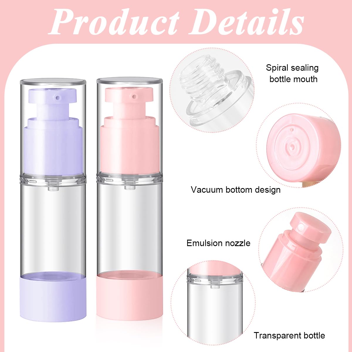 MAYCREATE Airless Pump Bottles for Travel Toiletries with 30ml Capacity and Leak-Proof Lids | Featuring Color Squeeze Nozzle Design