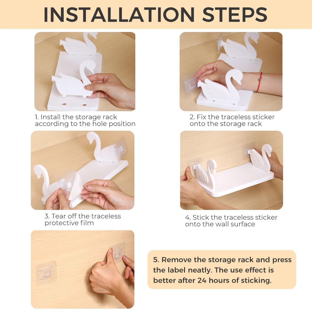 HASTHIP Wall Shelf for Bathroom and Kitchen Storage with Self Adhesive Mount | White Little Swan Design 25x13x2.3cm