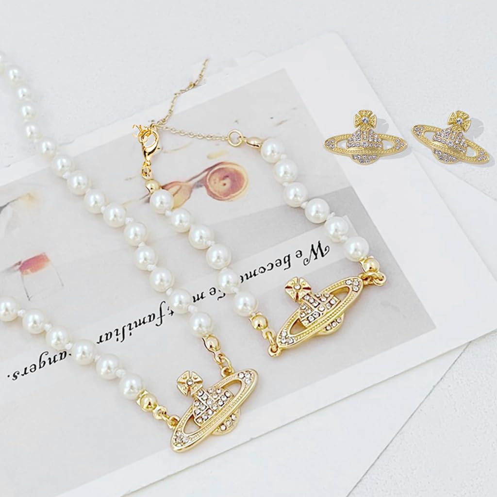 SANNIDHI Pearl Necklace Jewellery Set for Women with Rhinestone Charm | 4pcs Gift