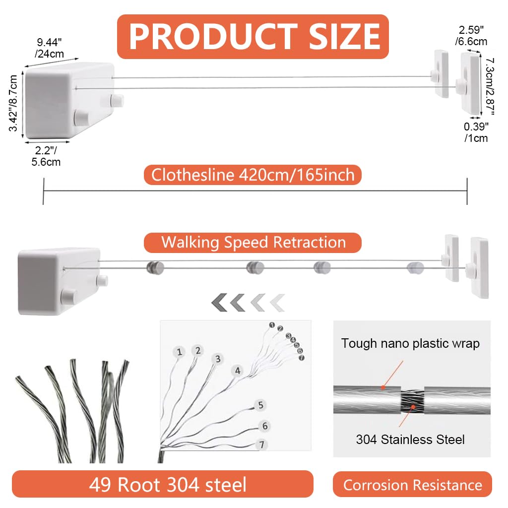 HASTHIP Wall Clothesline for Indoor and Outdoor Use with 4.6 Yard Dual Row Stainless Steel Rope | Retractable Metal Aluminum Housing