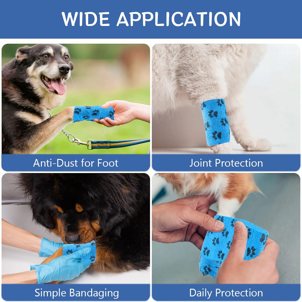 Qpets Dog Bandages for Pet Injury Recovery with Self-Adhesive Wrap 18PCS 4.5M | Non-Woven Breathable Paw Print Design