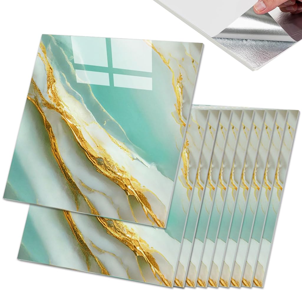 HASTHIP Wall Decorative Stickers for Home Decor with Tin Foil Adhesive Backing | 10 Pcs 11.8 in Square Marble Pattern Waterproof Tiles