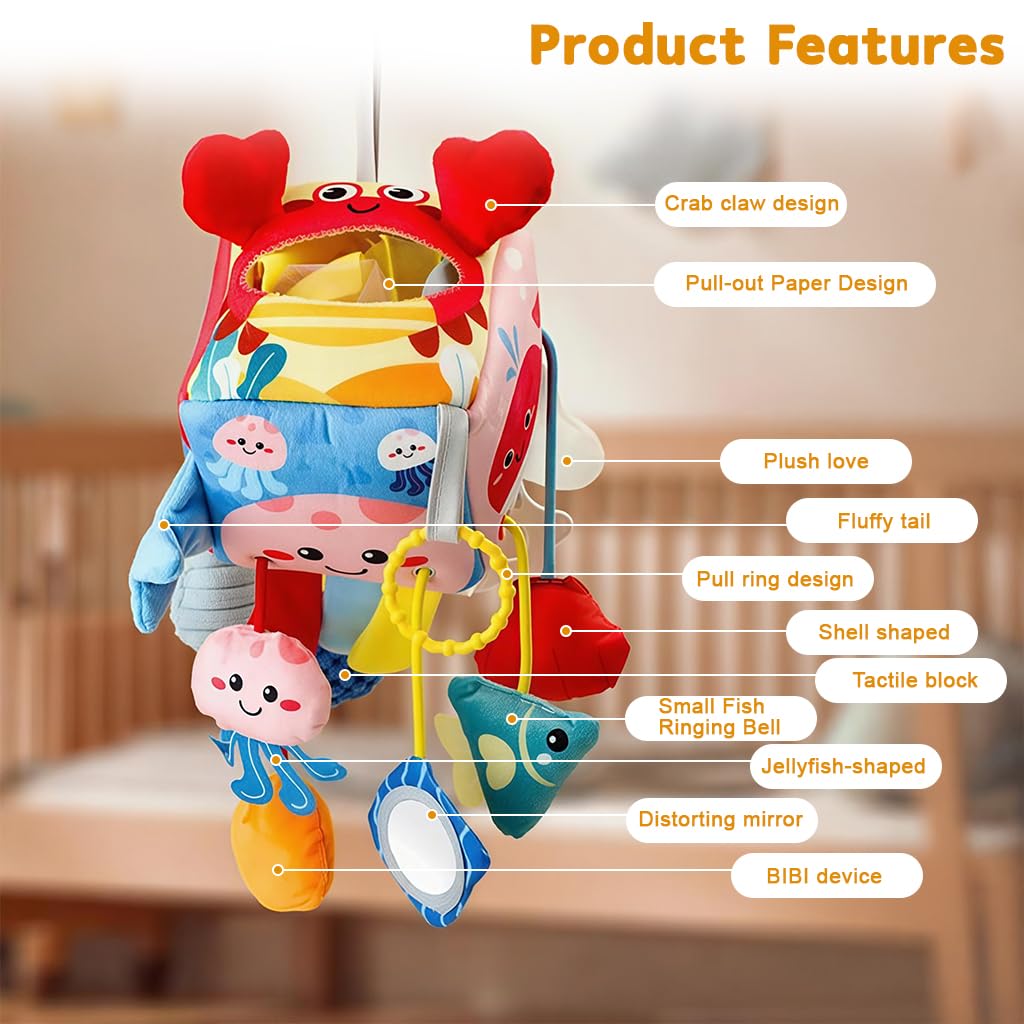 SNOWIE SOFT Baby Hanging Stroller Toy for Infants with Open Ring Clasp and Plush Fabric | Interactive Squeaky Pendants for Travel and Crib Play