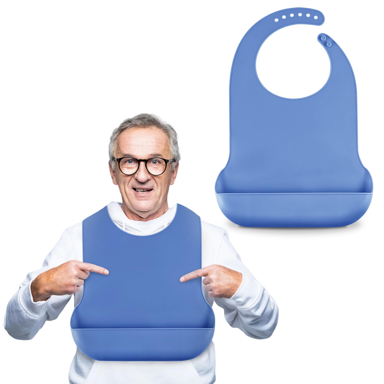 HANNEA® Silicone Adult Bibs Large Reusable Bib with Catch-All Pocket Adjustable Size Waterproof Dining Bibs for Elders, Patient, Easy To Clean (Blue)