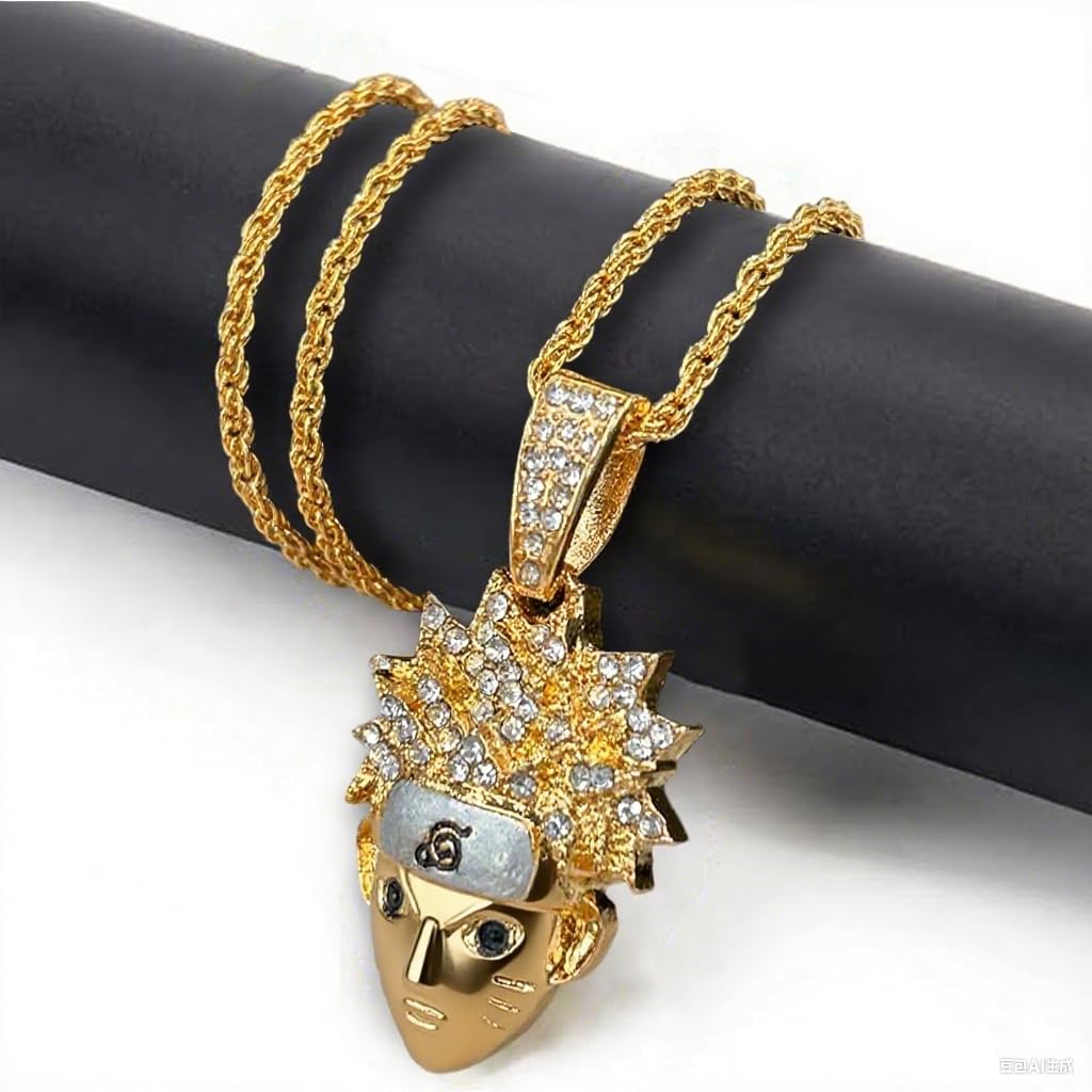 PROBEROS Anime Figure Pendant Necklace with Diamond Embellished Golden Braided Chain | Collectible Jewelry Gift for Fans
