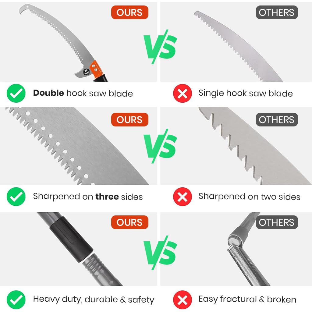 HASTHIP Manual Pruning Saw for High Branch Cutting with 9.8 ft Pole and Hooked Blade | Stainless Steel Screw-Fixed Attachment