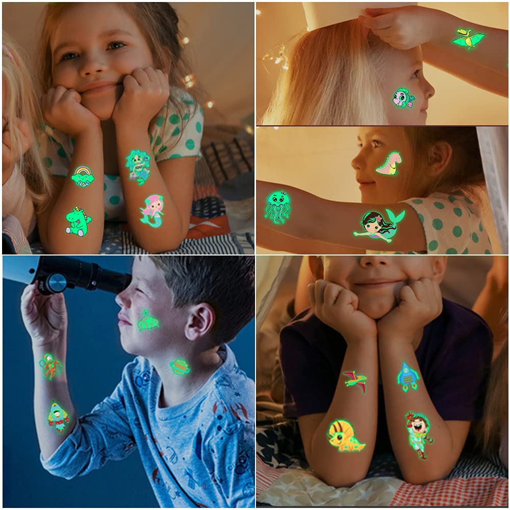 MAYCREATE Waterproof Cartoon Temporary Tattoo Stickers 20 Sheets with Glow Effect for Kids | Unicorn Mermaid Dinosaur Party Gift