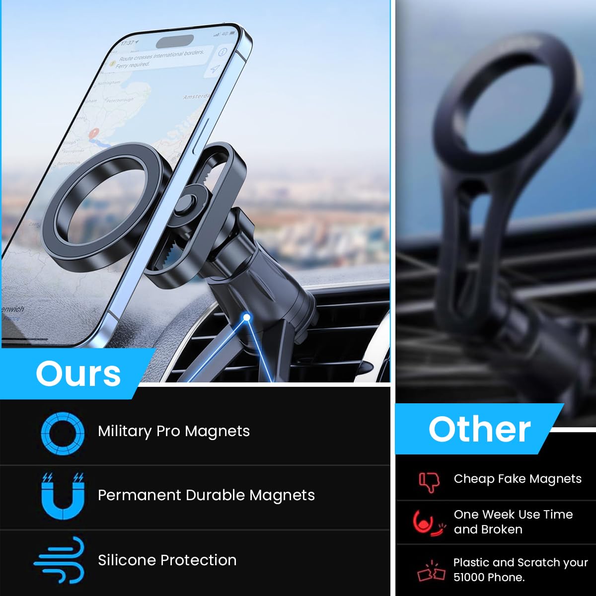 STHIRA® Car Mount for Air Vent 360° Rotatable Strong Magnetic Ring Phone Mount Upgrade Triangle Stand Construction Telescopic Alloy Hook Design Car Phone Holder Car Accessories