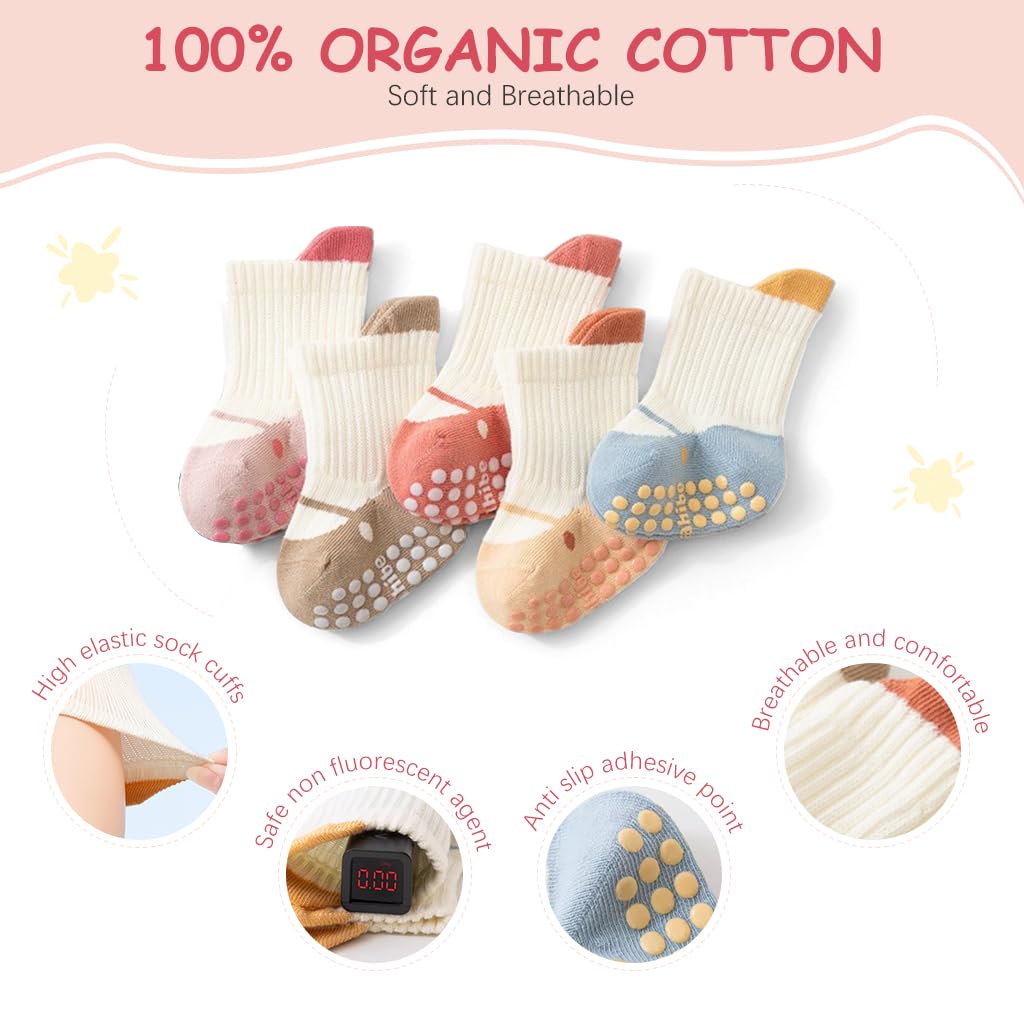 SNOWIE SOFT toddlers socks for 0-1 year boys and girls with anti-slip grips | 5 pairs breathable cotton ankle design
