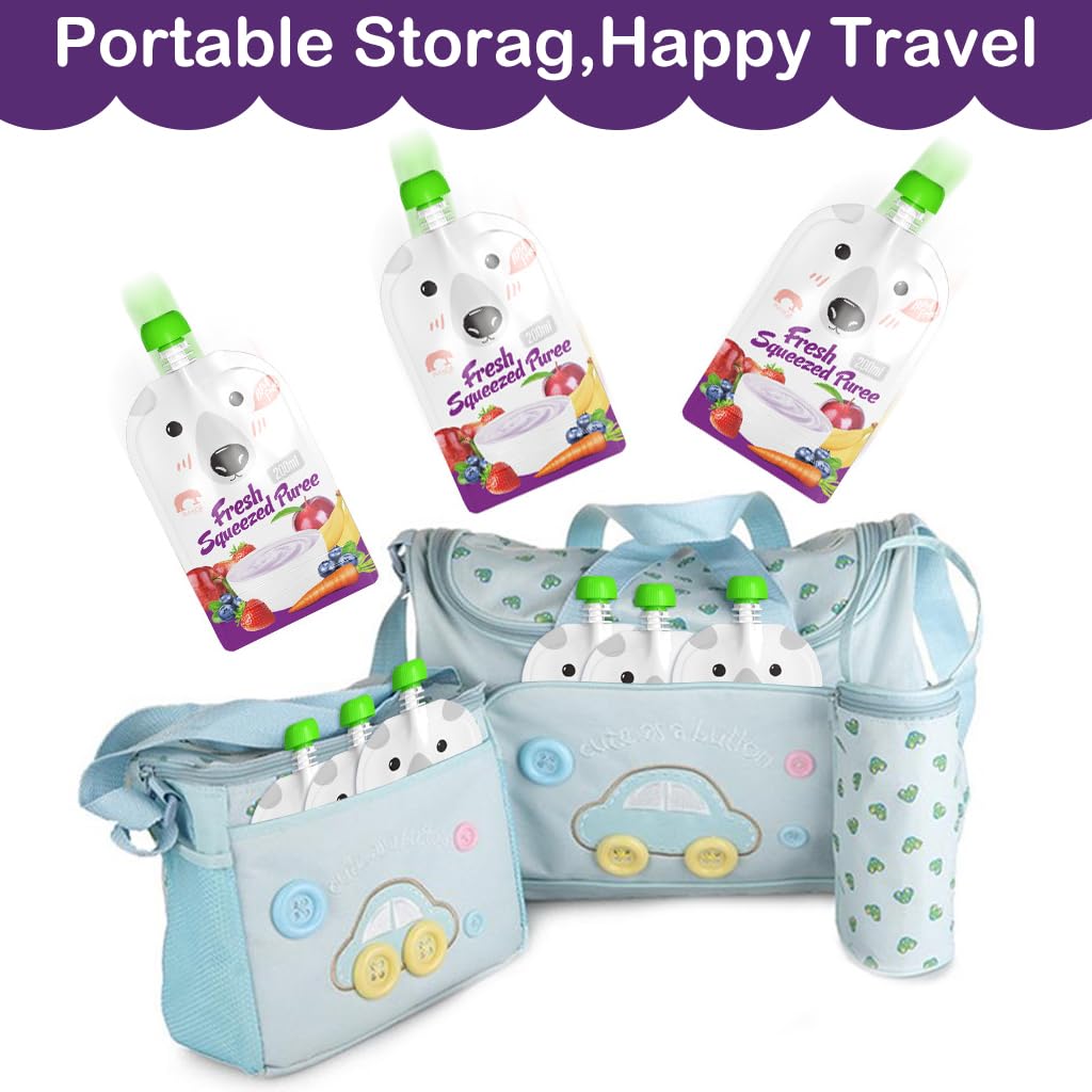 SNOWIE SOFT® 20PCS Reusable Baby Food Squeezable Pouch for Milk Juices Portable Bottom Double Sealing Strip Design Leak Proof Food Grade Storage Easy to Refill and Clean 200Ml Purple