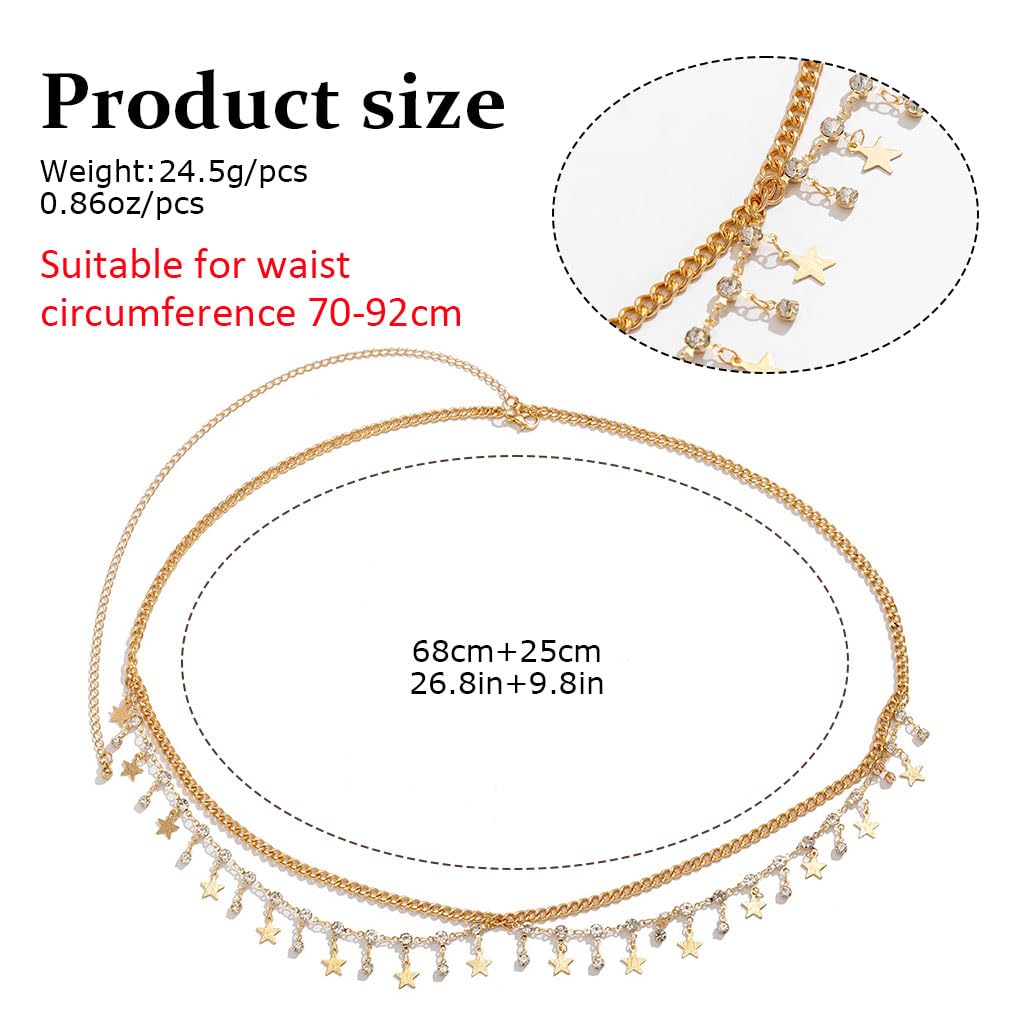 PALAY® Waist Chain for Women Stylish Sexy Dual Layer Metal Belly Hip Chain Fashion Ladies Rhinestone Stars Pendent Waist Chain for Saree, Crop Tops, Bikinis, Lehengas - 26-41 Inch