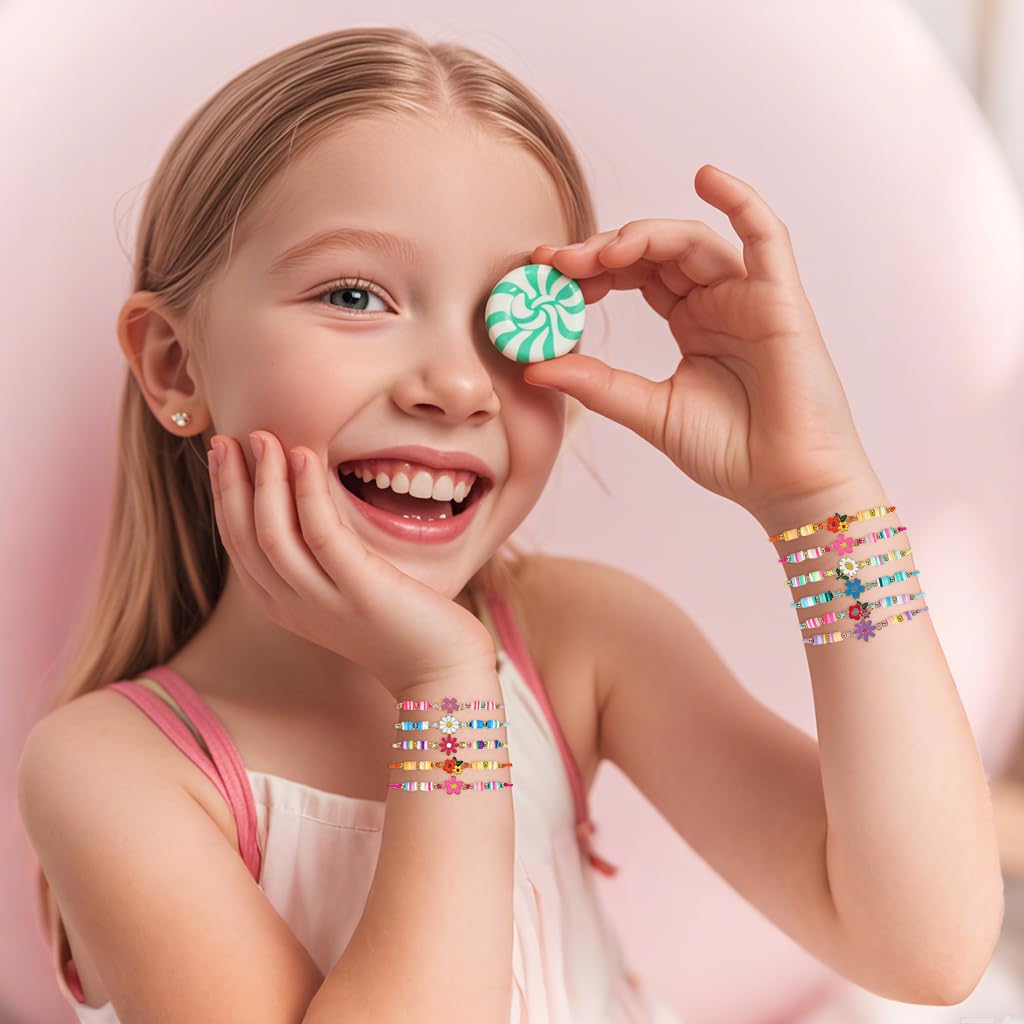 SANNIDHI Bracelets Set for Girls featuring Adjustable Braided Rope and Colorful Beads | 12Pcs Flower Jewelry Gift