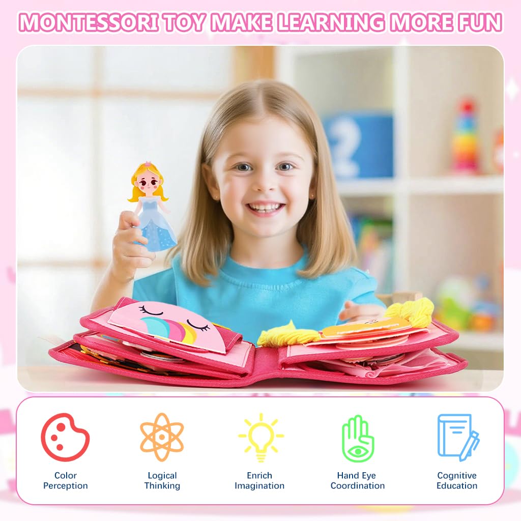 SNOWIE SOFT Busy Board for Toddlers 1-3 with Princess Dress-Up Felt Pages | Montessori Travel Toy