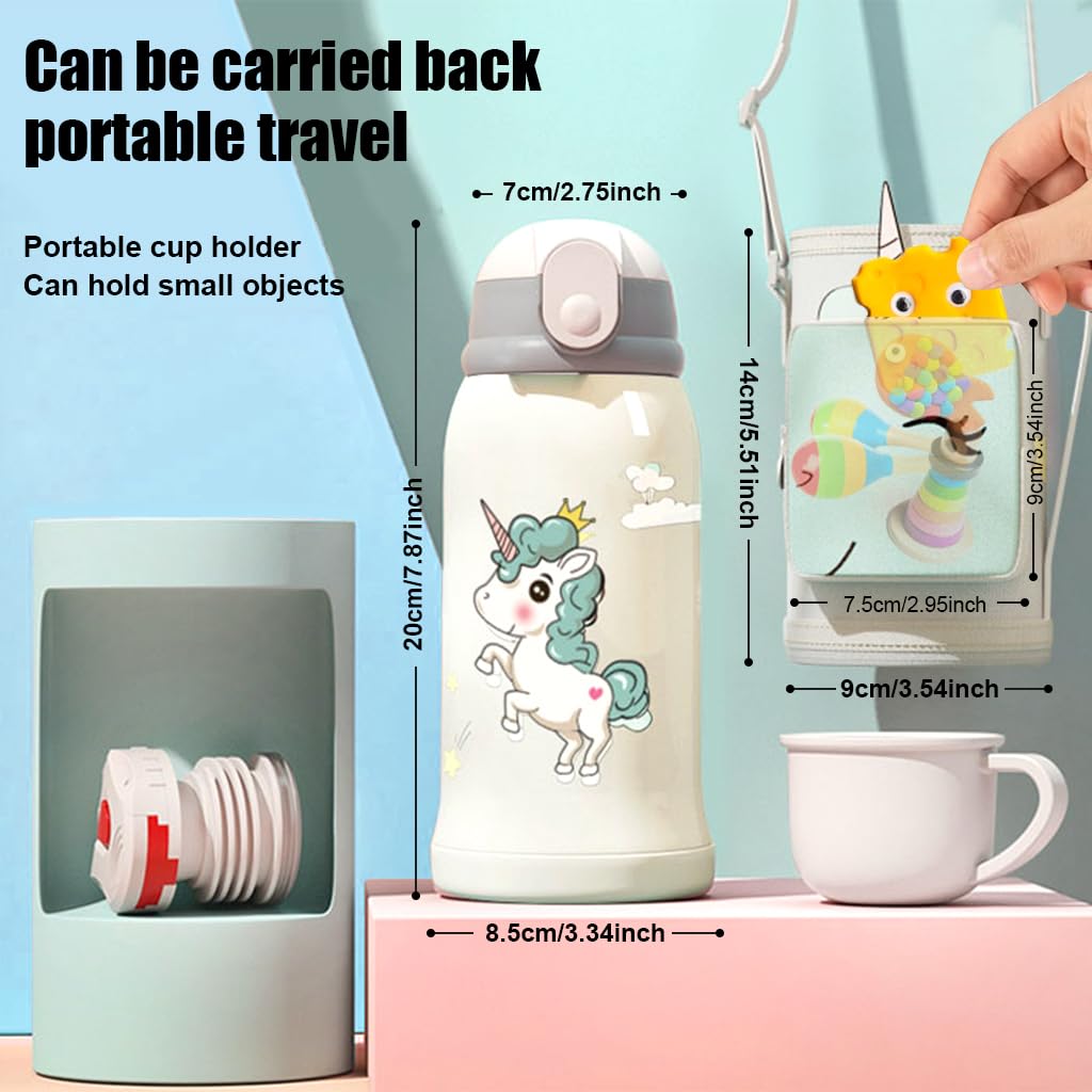 SNOWIE SOFT 550ml Cute Water Bottle for Kids, Unicorn School Water Bottle for Boys, Double-Layer Stainless Steel Water Bottle with Straw, Hot Cold Water Bottle with 3 Cup Lid, 1 Cup Sleeve, 1 Brush