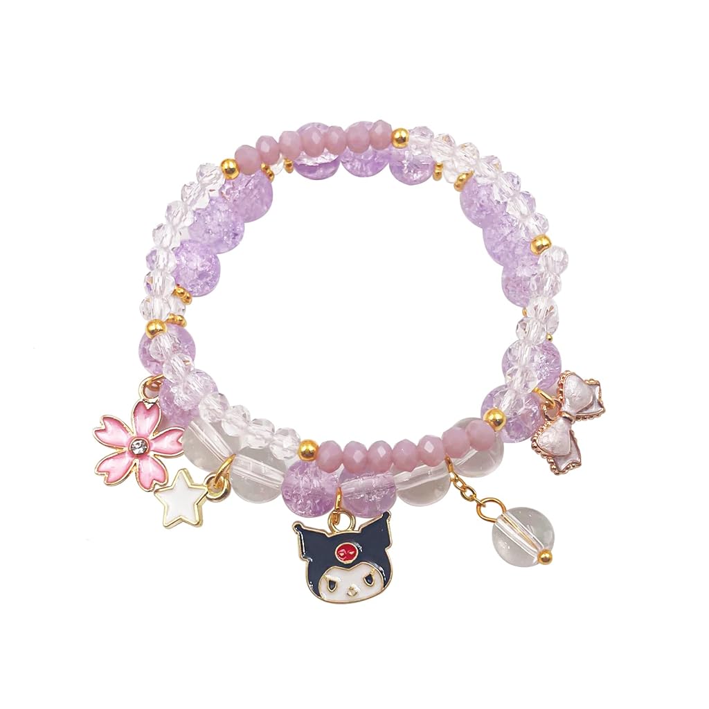 SANNIDHI® Kuromi Bracelet for Girls Kawaii Layered Charm Sakura Beading Bracelet Fashion Girls Bracelet Friendship Bracelet Birthday Gift Children's Day Gift for Girls, Pink