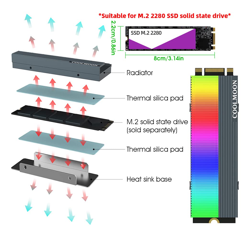 ZORBES® 5V ARGB LED RGB Light Motherboard Heatsink SSD Aluminum Cooler with Silicone Thermal Pad for PCIE NVME NGFF or SATA 2280 M.2 SSD Without SSD