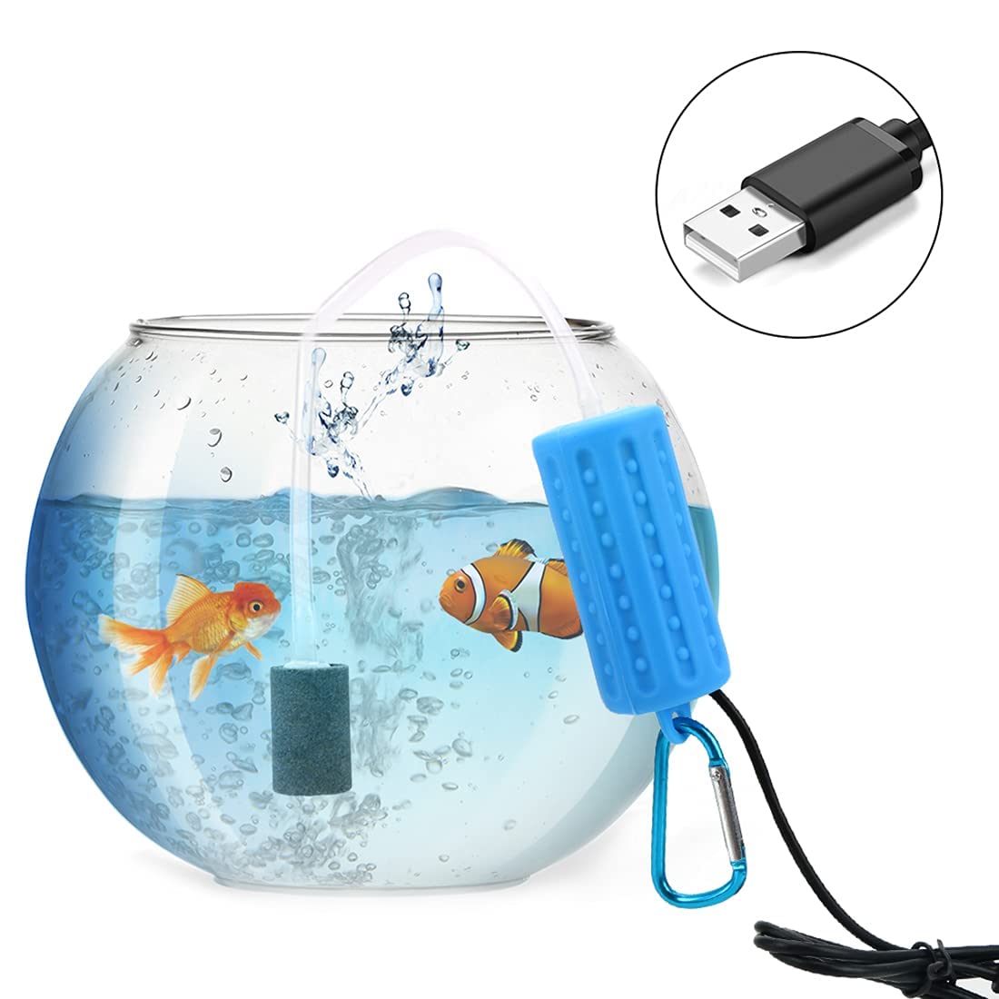 Qpets® 1.2L/min USB Powered Fish Tank Filter with Oxygen Aquarium Air Pump Fish Tank Oxygen Pump Single Outlet Aquarium Air Pump with Air Stone & Hose Solution for Power Outrage