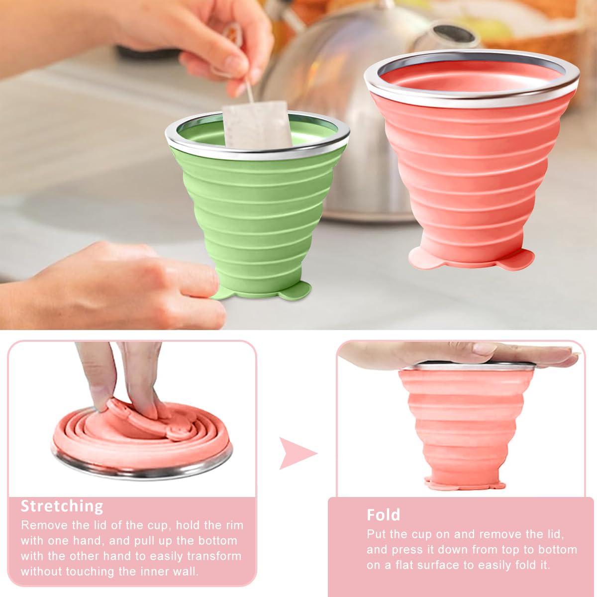 HASTHIP Collapsible Cup Set for Travel and Camping with Lids 4 Pack 180mL Silicone Pink&Green