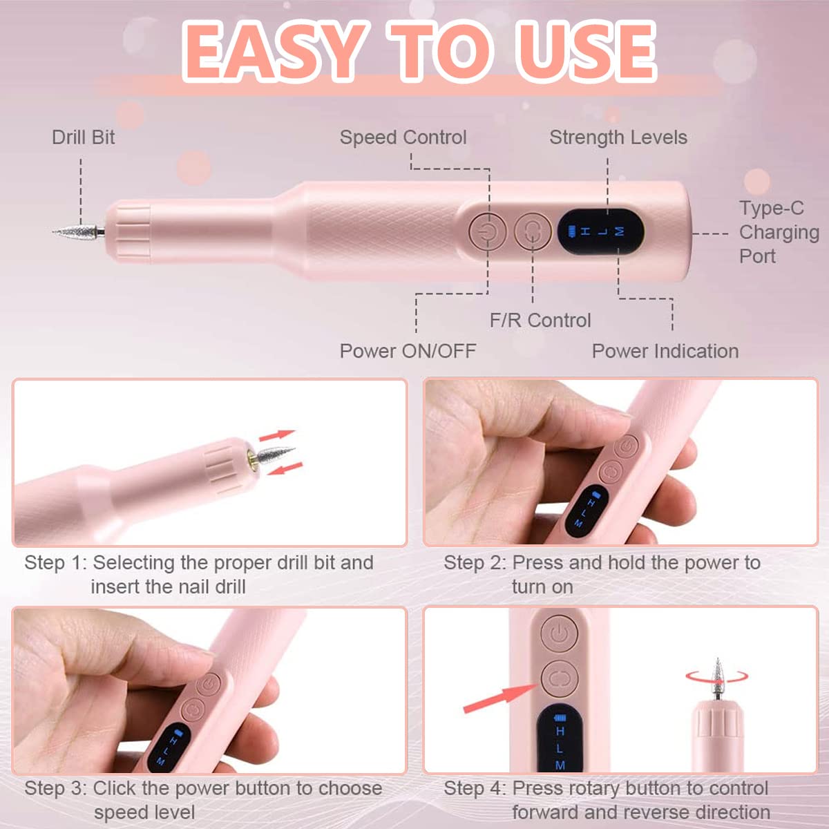 MAYCREATE Cordless Nail Drill Machine for Gel and Acrylic Nails with LCD Display 20000rpm | Rechargeable Bit Kit for Manicure and Pedicure