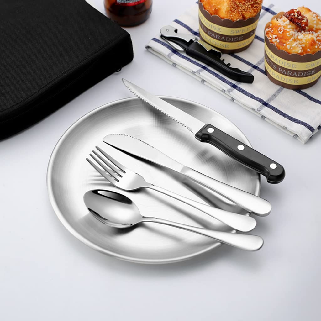 Proberos® 10Pcs Cutlery Set for 2 Person with Portable Bag, Food-Grade Stainless Steel Picnic Set Include Plate Knife Fork Spoon Opener Wine Opener, Lightweight Cutlery Set for Camping Picnic Travel