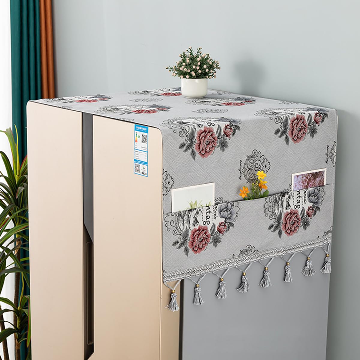 HASTHIP Fridge Cover for Side by Side Refrigerator with Pockets 26.3x55 in Polyester | Floral Tassel Design