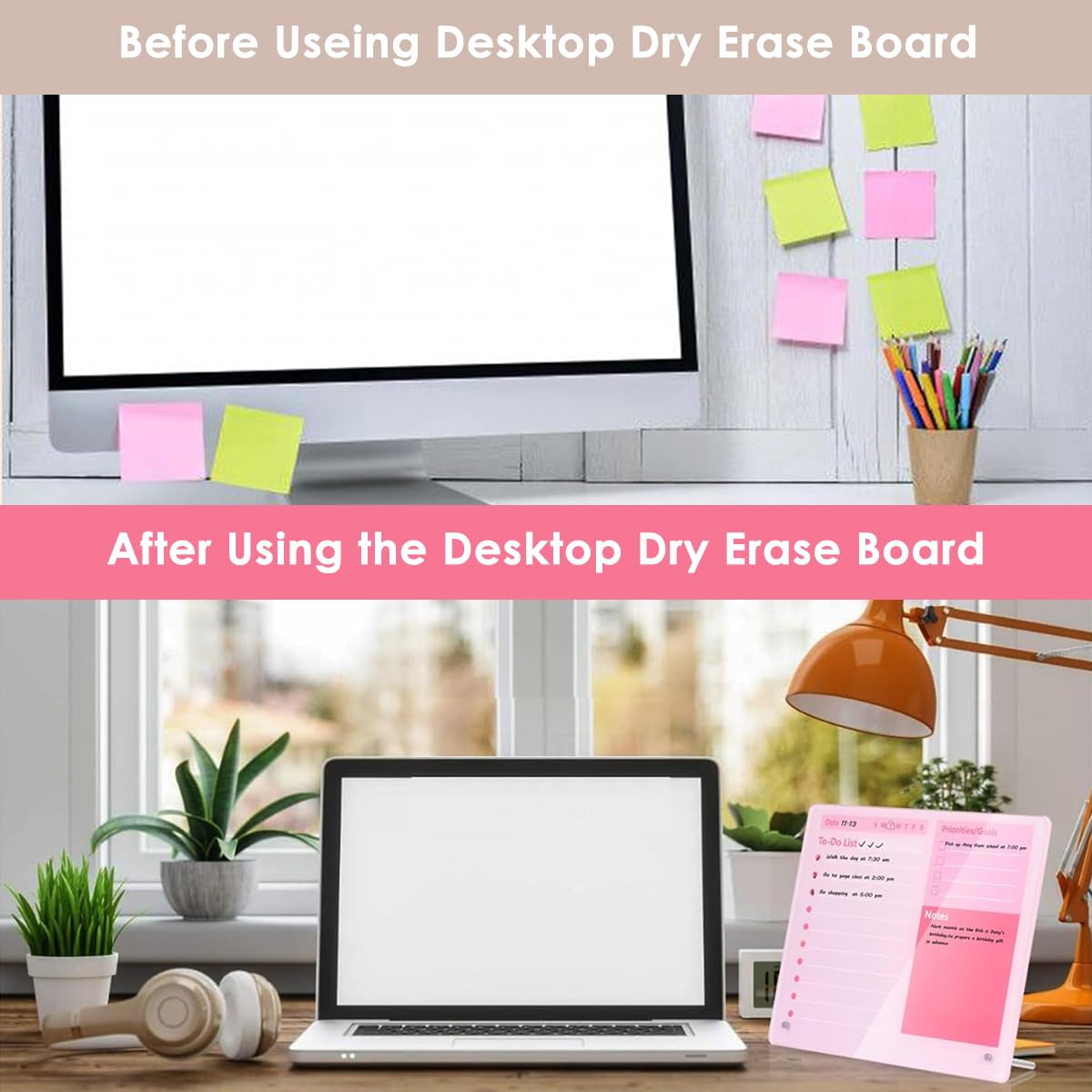 OFIFO Compact Desktop Dry Erase Board for Home and Office with 12x10 in Thickened Acrylic | Pink Memo Planner
