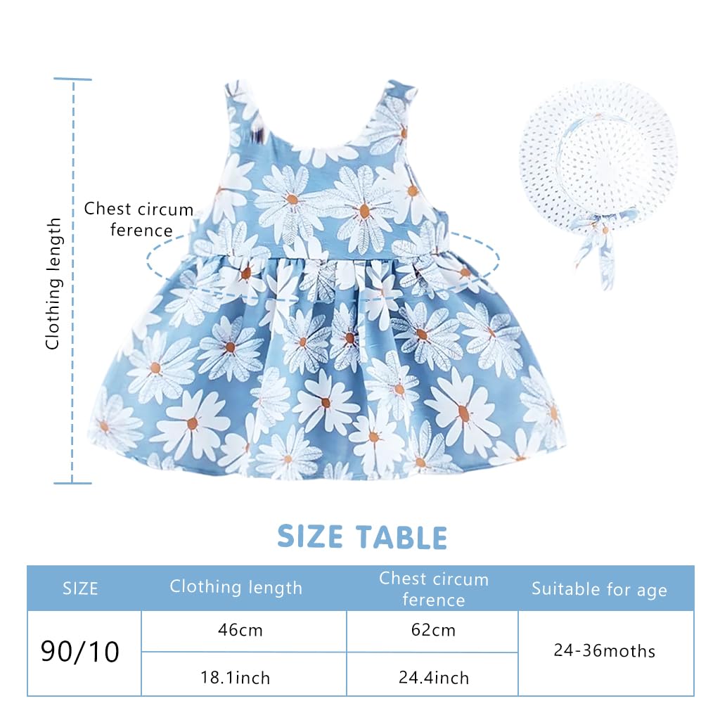 SNOWIE SOFT® Baby Girls Dress Straw Hat Set Summer Baby Girls Dress Blue Daisy Print Bow Girls Dress for Baby Girls 24-36 Months Birthday Gift for Baby Girls