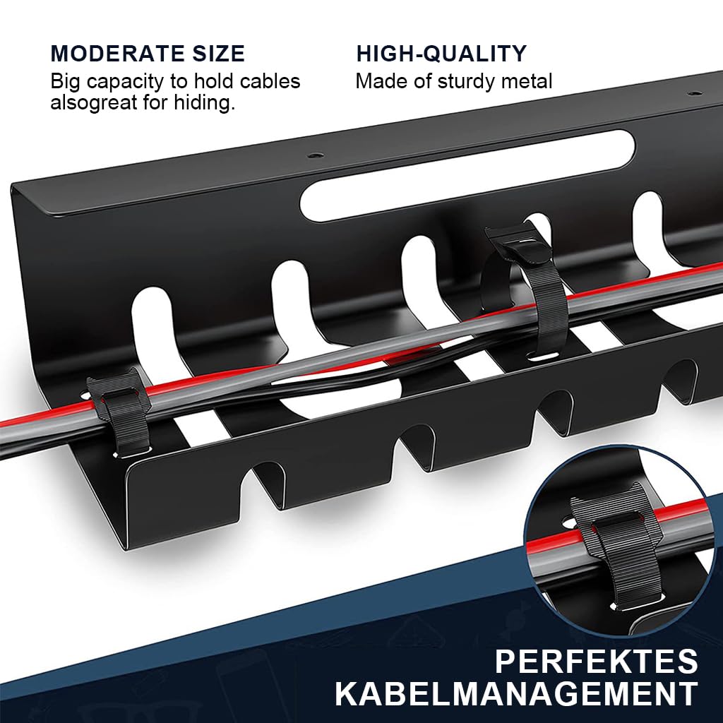 Climberty Under Desk Cable Management Tray for Office and Home with Screw Installation 40x10.5x8 cm | Carbon Steel Organizer with 10 Cable Ties