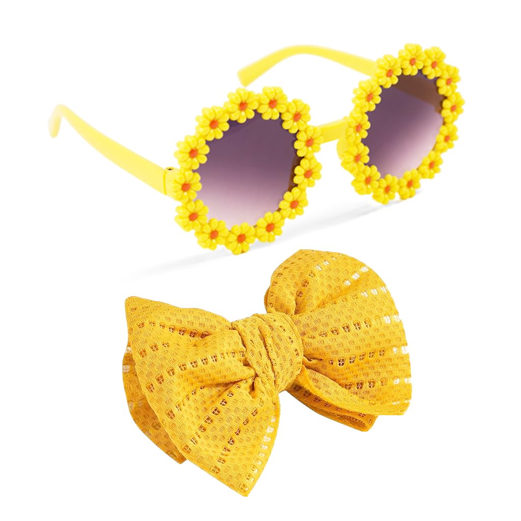 SNOWIE SOFT® Sunglasses for Kids Sunglass Bow Headband Set Toddler Sunflower Sunglasses Headband Gift Set Stretchy Bow Baby Hair Band Fashion Beach Sunglasses Shower Gift for Kids