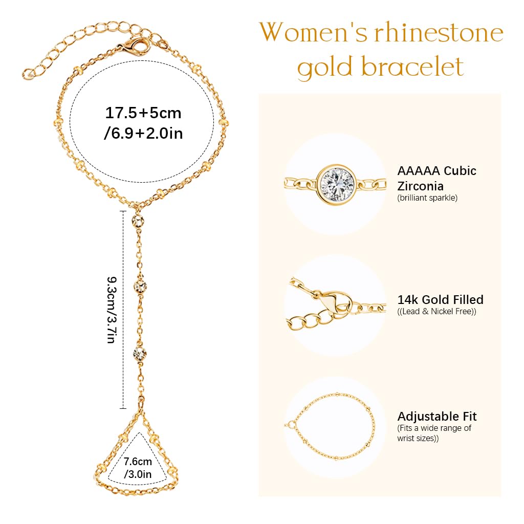 SANNIDHI Hand Chain for Women featuring Adjustable Finger Ring Bracelet and 3PCS Set | Gold Rhinestone Slim Chains for Parties