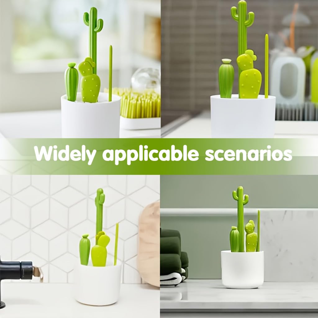 SNOWIE SOFT Bottle Cleaner Brush Set for Drinkware and Jars with Cactus Design | 4Pcs Nylon Bristles and Storage Holder