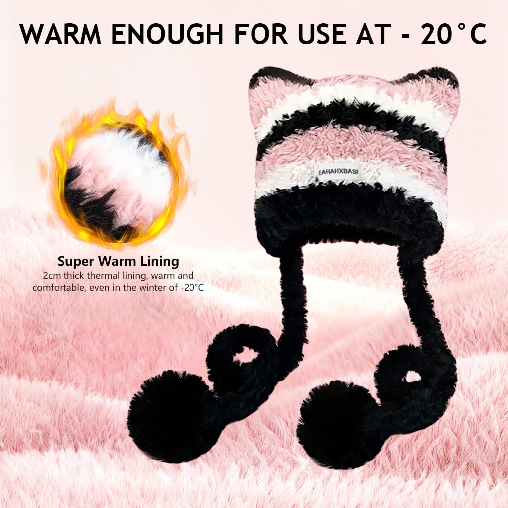 SANNIDHI Winter Cap for Women featuring Cat Ear Plush Knit Design and Pom Pom | Pink and Black Striped Beanie