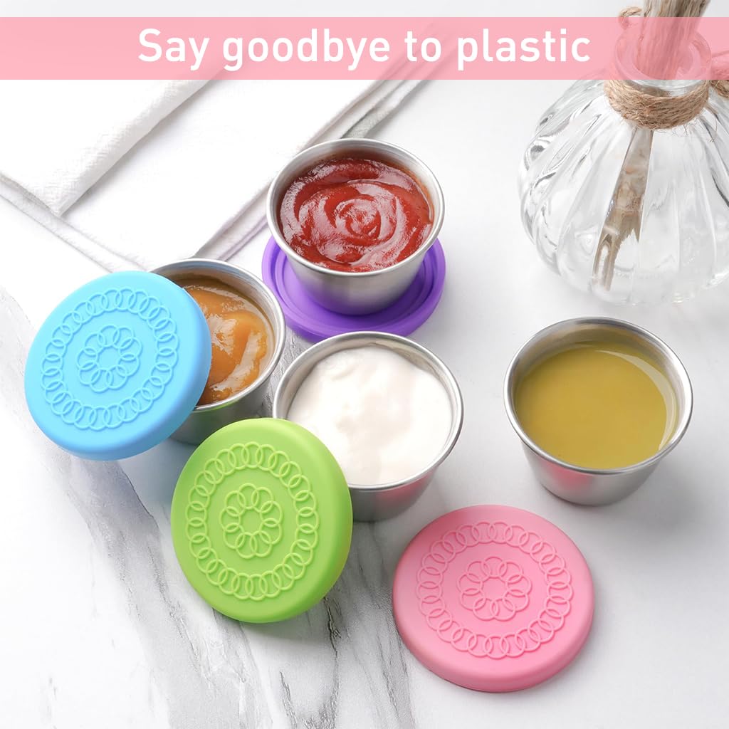 HASTHIP Salad Dressing Container for Lunch and Travel with Leakproof Silicone Lids | 2pcs 70ml Reusable Stainless Steel Cups Pink and Blue