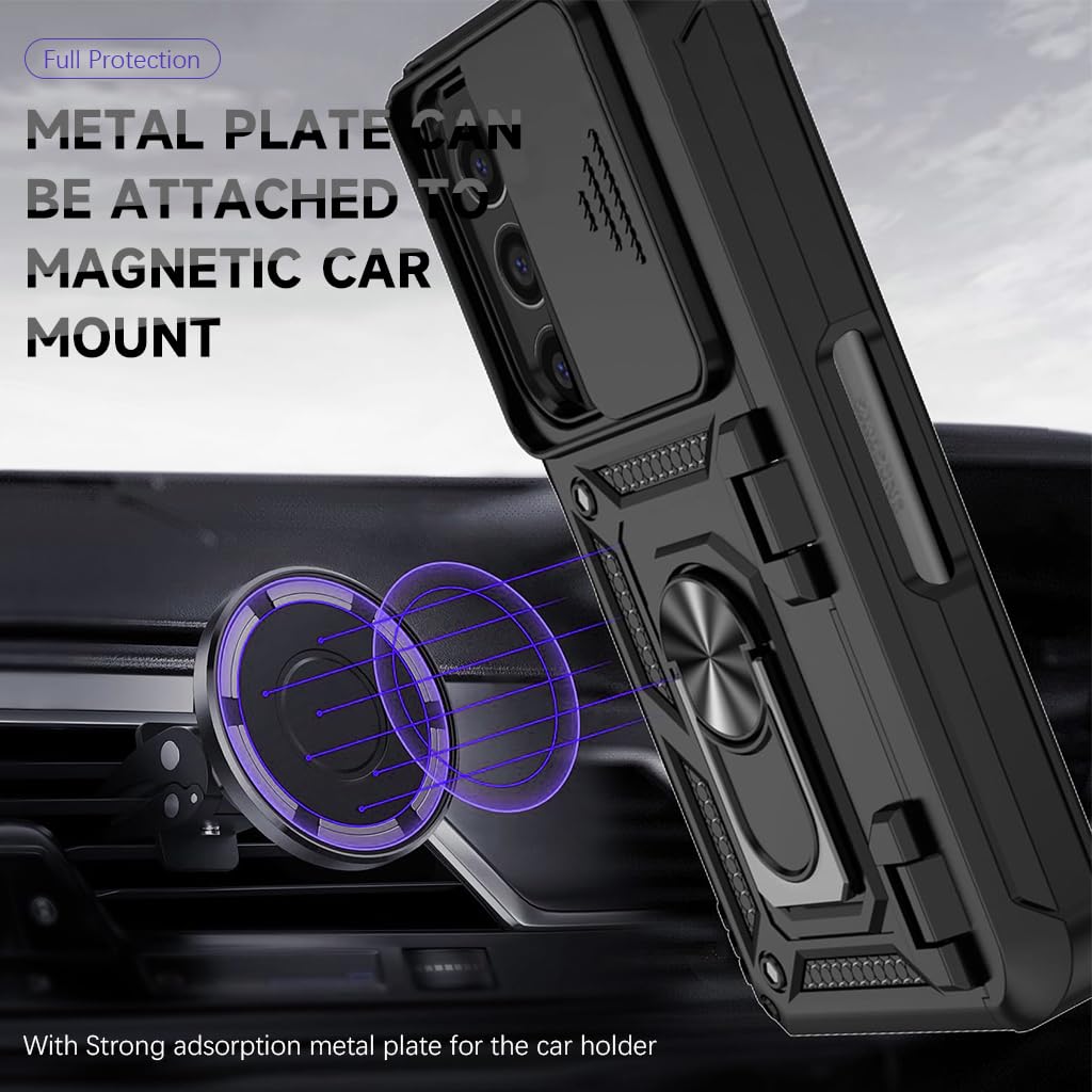 Zeitel Phone Case for Samsung Galaxy Z Fold 6 with Dual Layer Protection and 360 Rotatable Grip | Sliding Camera Lens Shield and Flexible Hinge Design Black